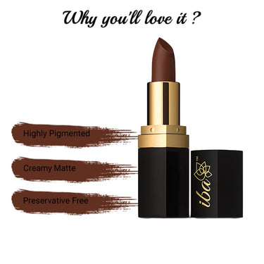 Iba Long Stay Matte Lipstick for Women- M03 Toffee Brown, 4g | Creamy Matte Finish & Smooth Texture| Long-Lasting | Hydrated Lips | Enriched with Vitamin E| Intense Colour & Highly Pigmented | Lip Makeup